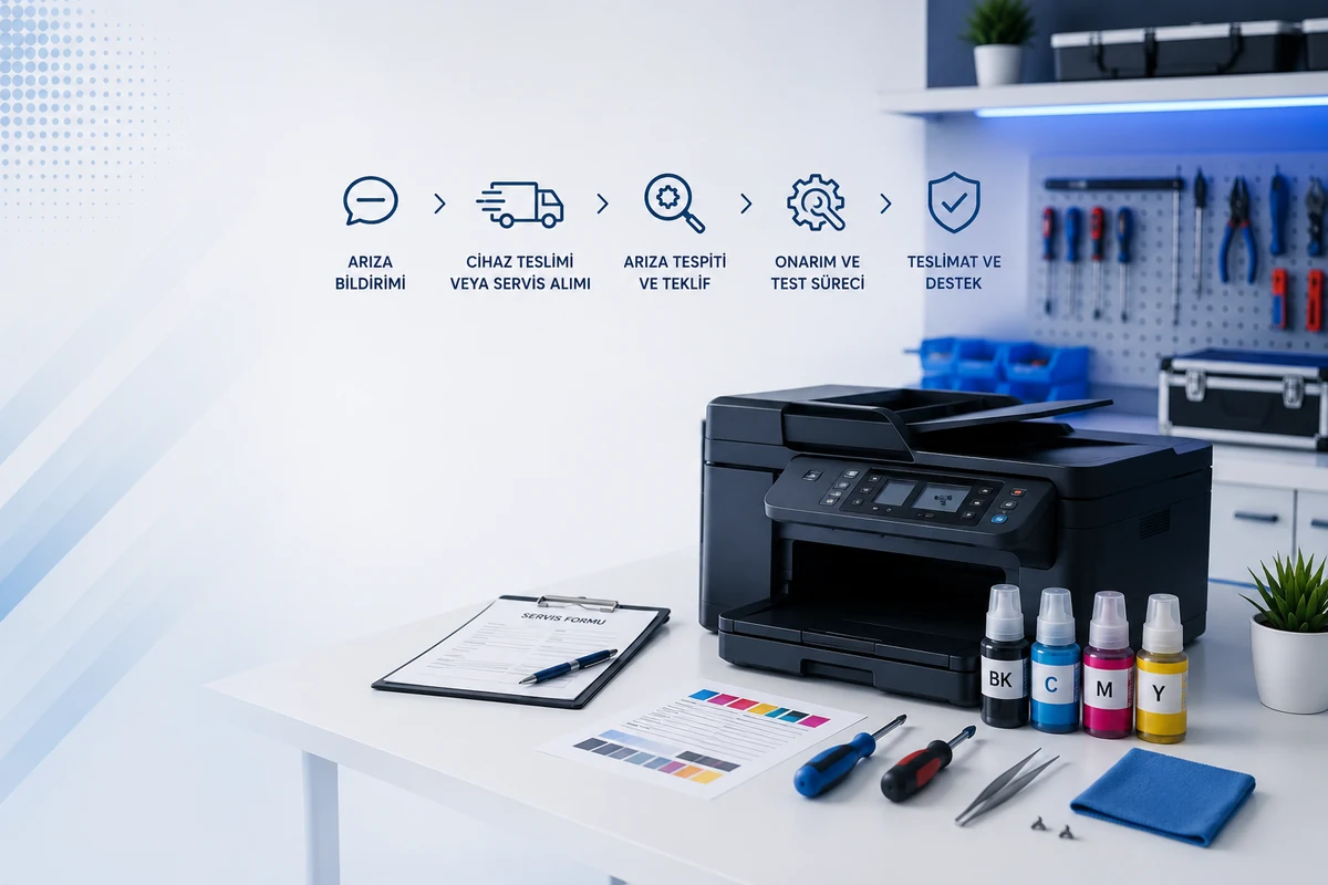 Yazıcı arıza tespiti, onarım, test ve teslimat servis süreci
